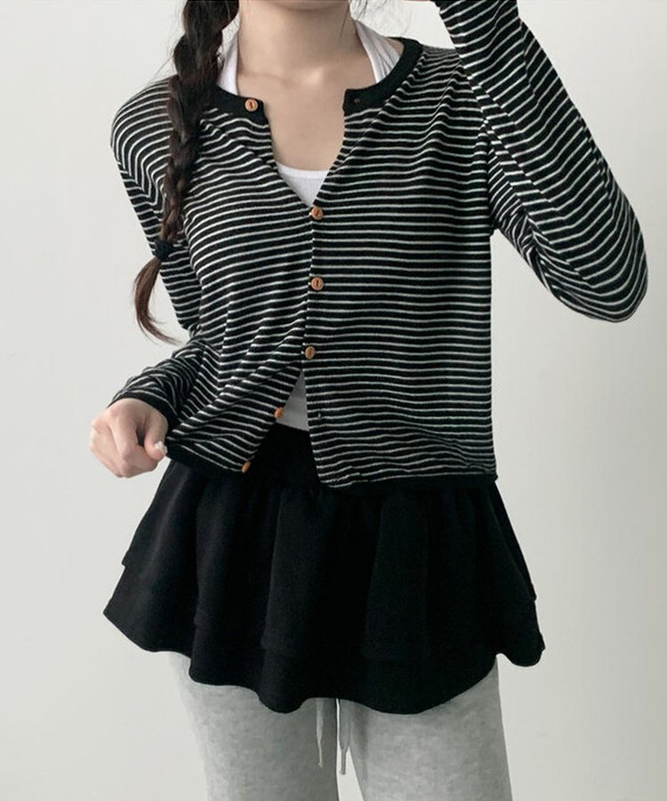 ストライプウッドボタンカーディガン BLACK
