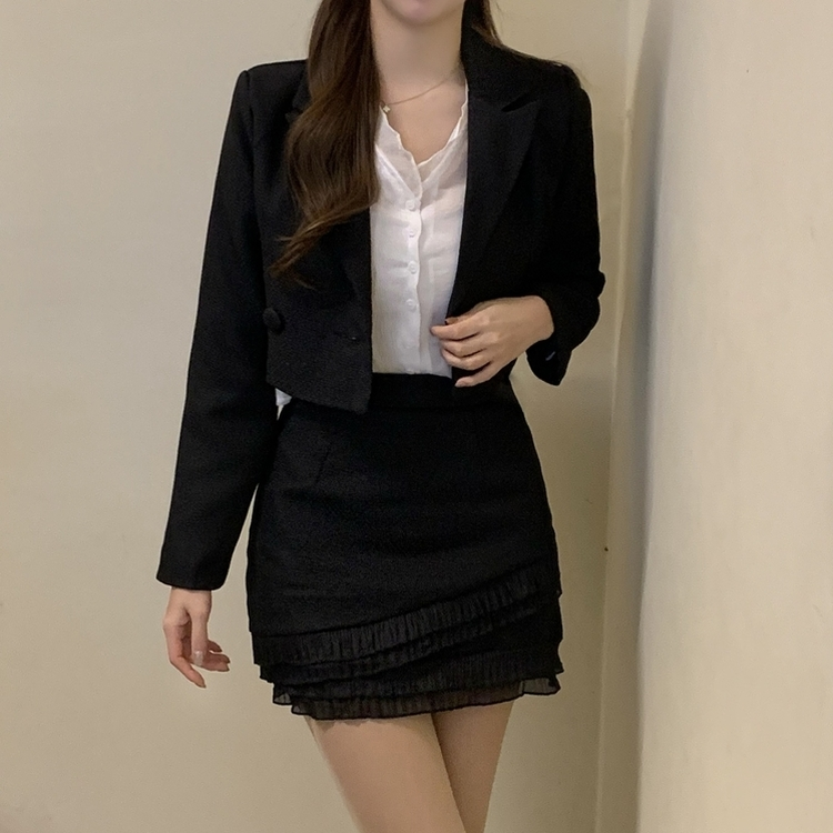 【SET】レースツイードクロップジャケット ミニスカート BLACK