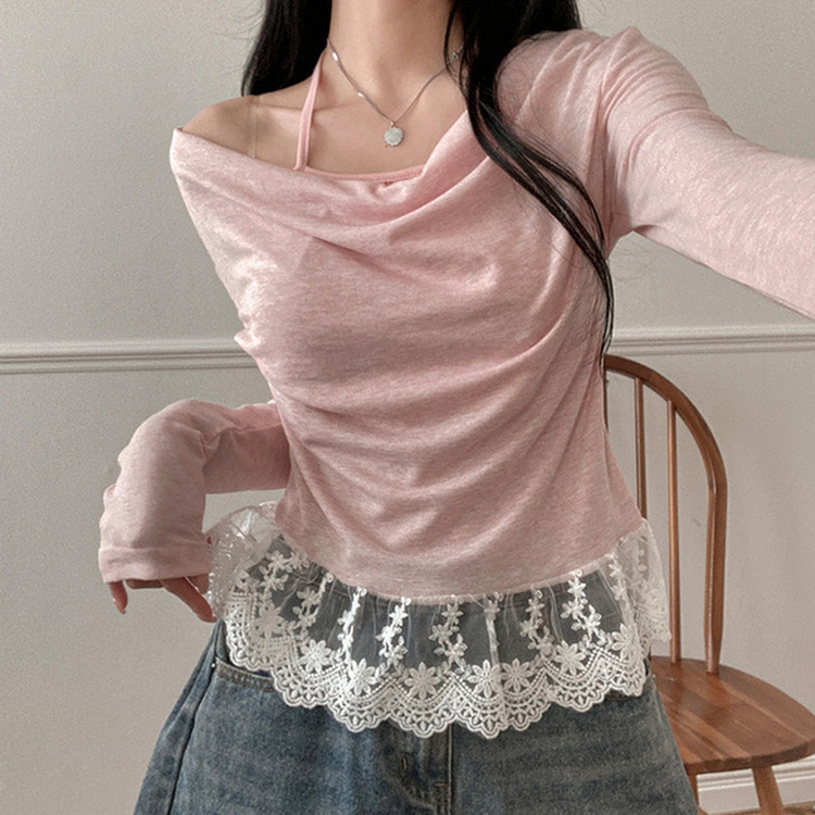 ドレープレイヤードホルターオフショルダーTシャツ PINK