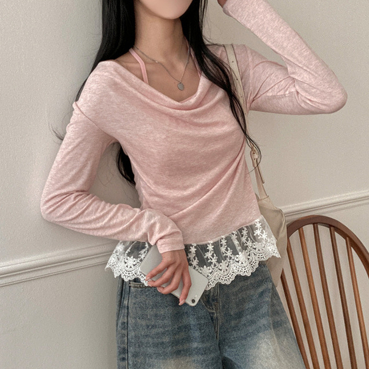 ドレープレイヤードホルターオフショルダーTシャツ PINK
