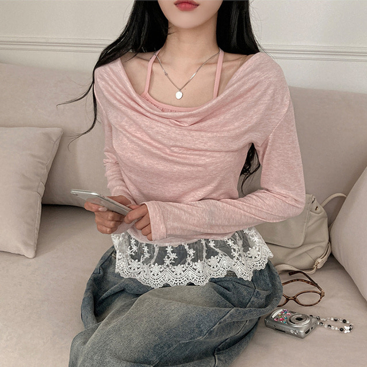 ドレープレイヤードホルターオフショルダーTシャツ PINK