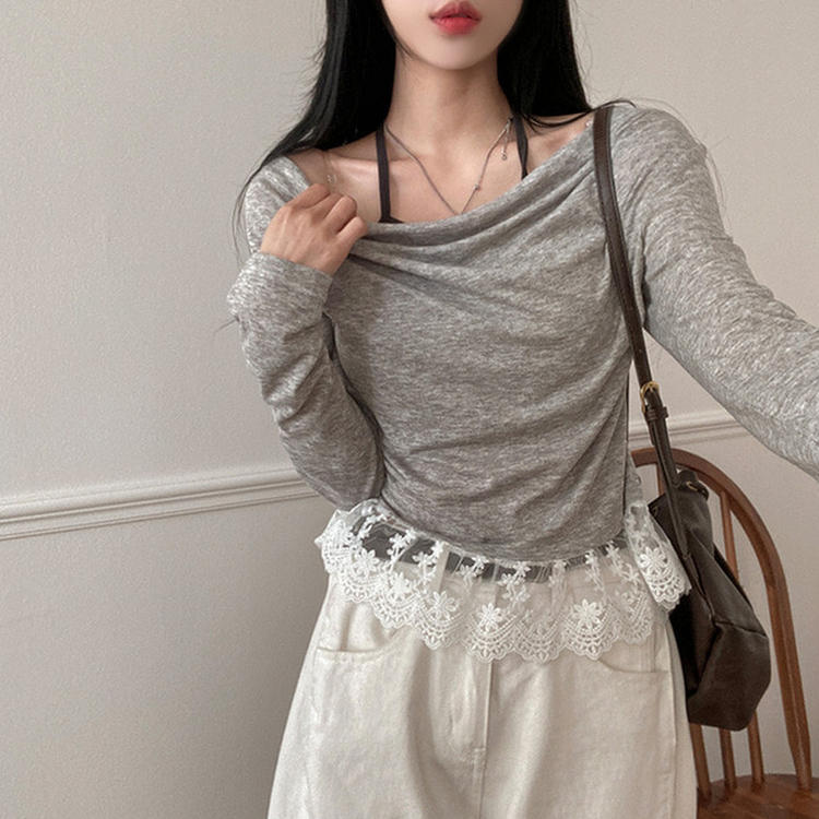 ドレープレイヤードホルターオフショルダーTシャツ GREY