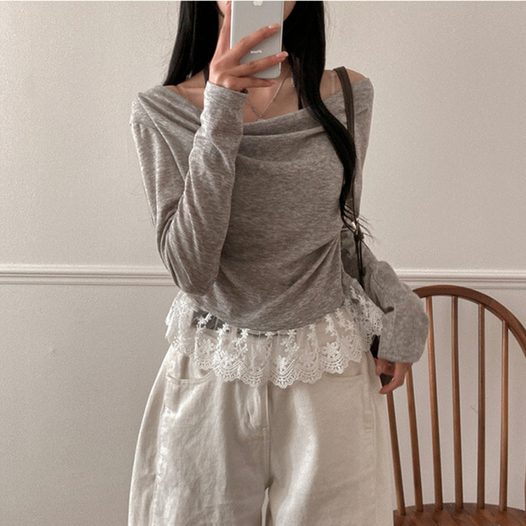 ドレープレイヤードホルターオフショルダーTシャツ GREY
