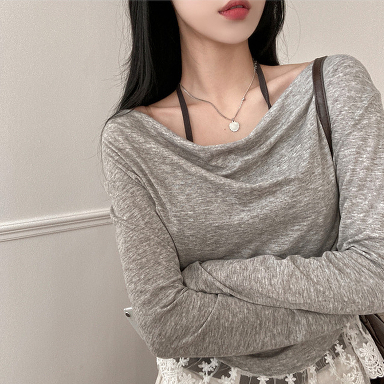 ドレープレイヤードホルターオフショルダーTシャツ GREY