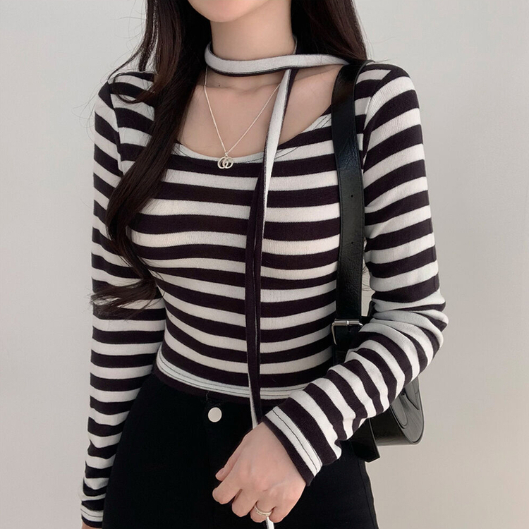 【タイ付き】ストライプクロップTシャツ IVORY