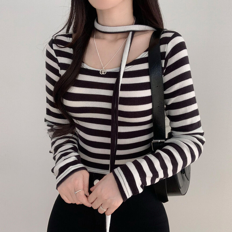【タイ付き】ストライプクロップTシャツ IVORY