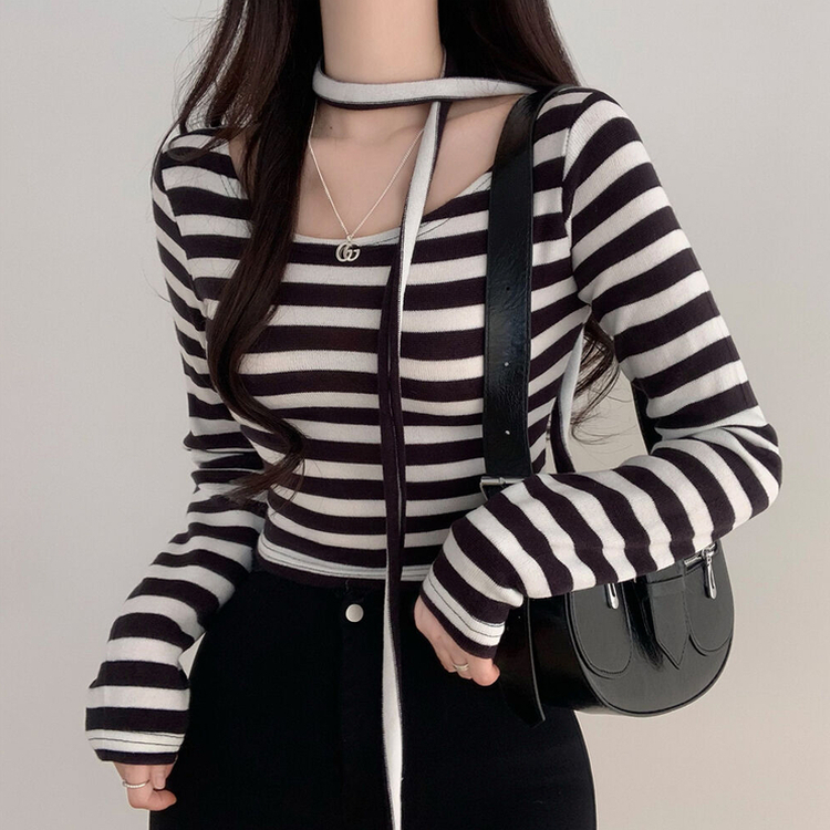 【タイ付き】ストライプクロップTシャツ IVORY