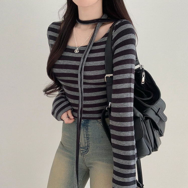 【タイ付き】ストライプクロップTシャツ BLACK