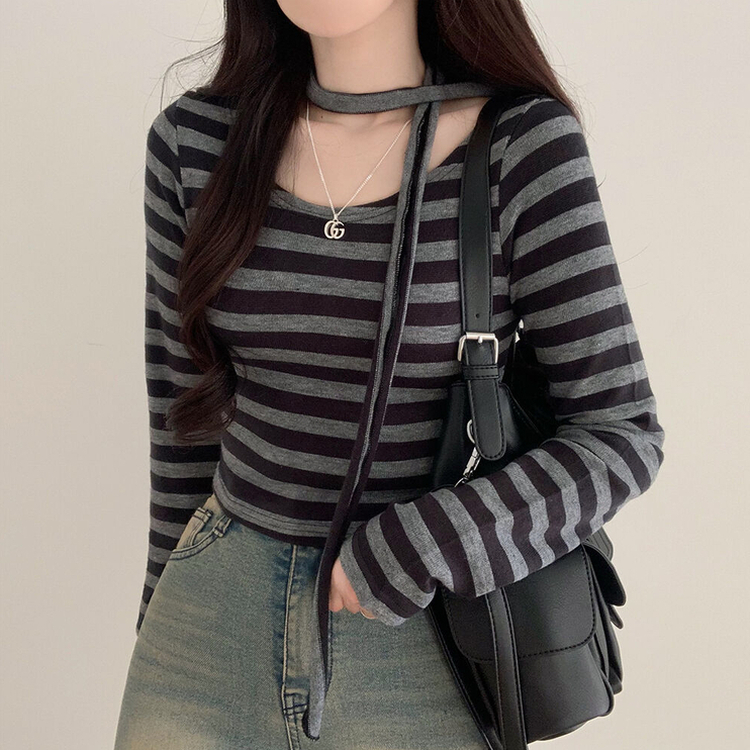 【タイ付き】ストライプクロップTシャツ BLACK