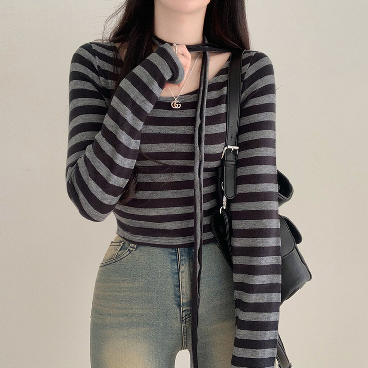 【タイ付き】ストライプクロップTシャツ BLACK