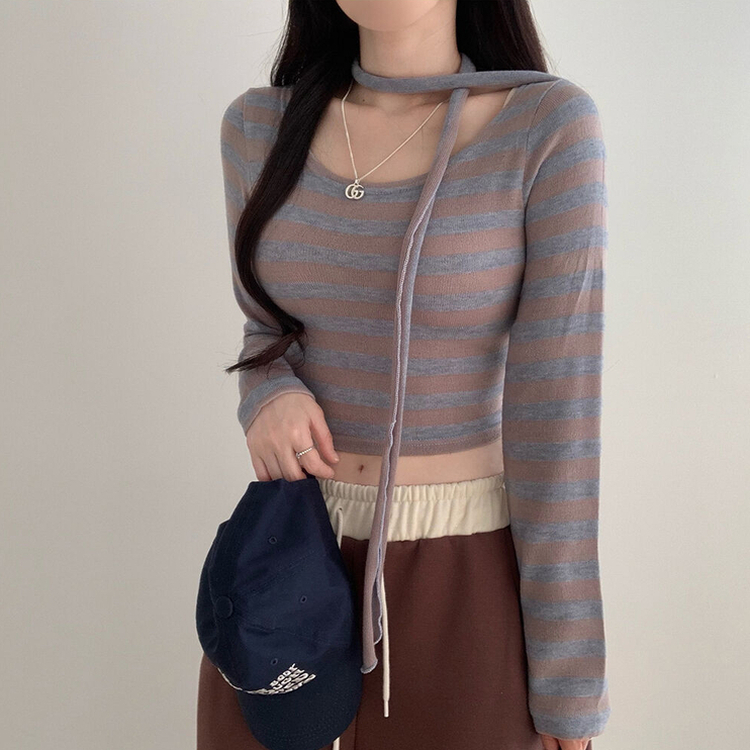 【タイ付き】ストライプクロップTシャツ SKY BLUE