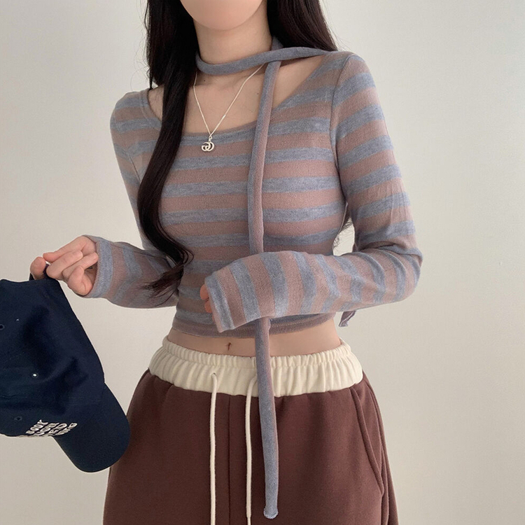 【タイ付き】ストライプクロップTシャツ SKY BLUE