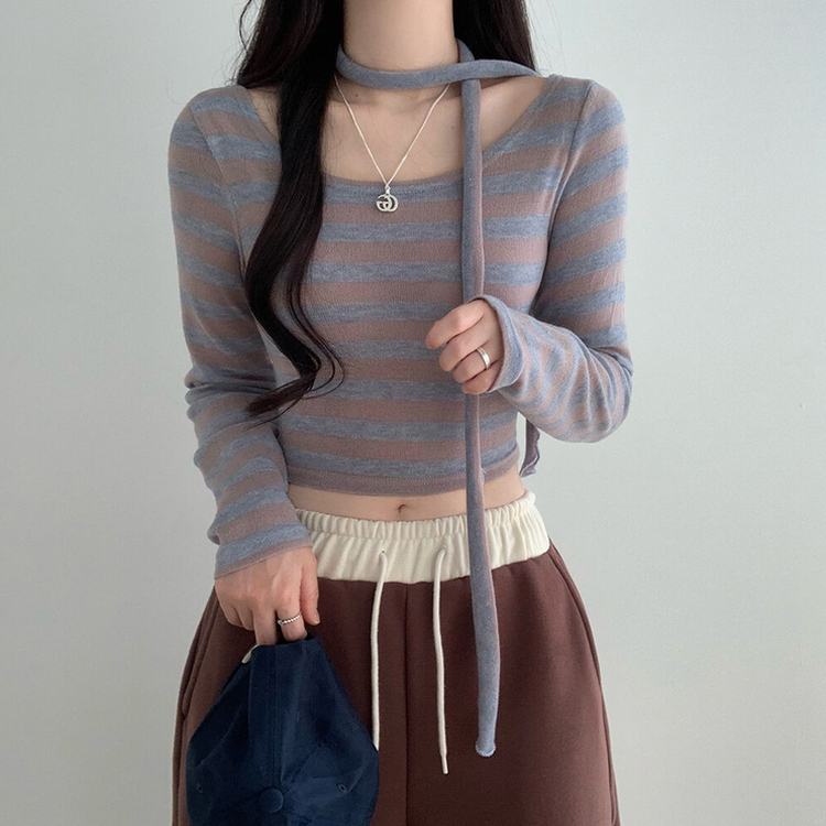 【タイ付き】ストライプクロップTシャツ SKY BLUE