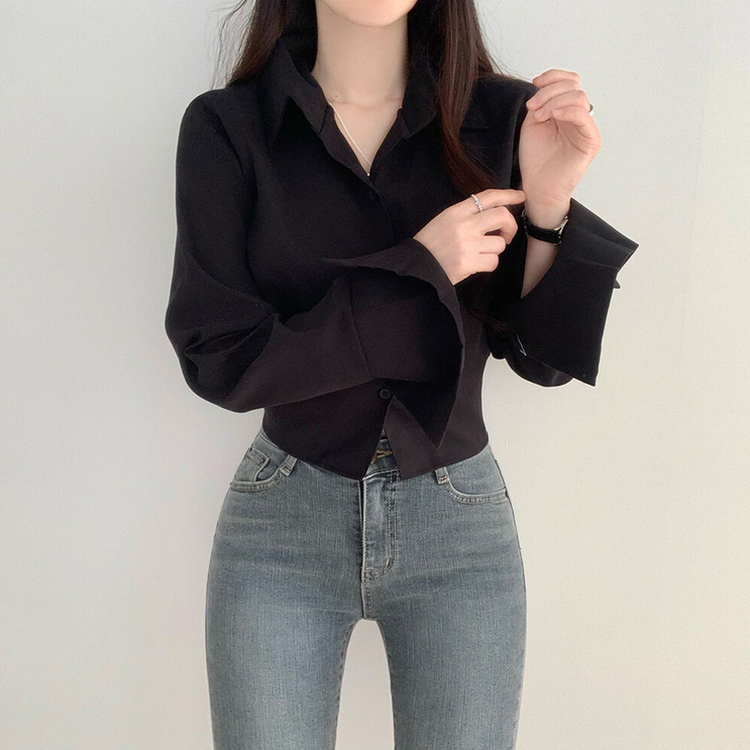 ウエストバンディングクロップシャツ BLACK