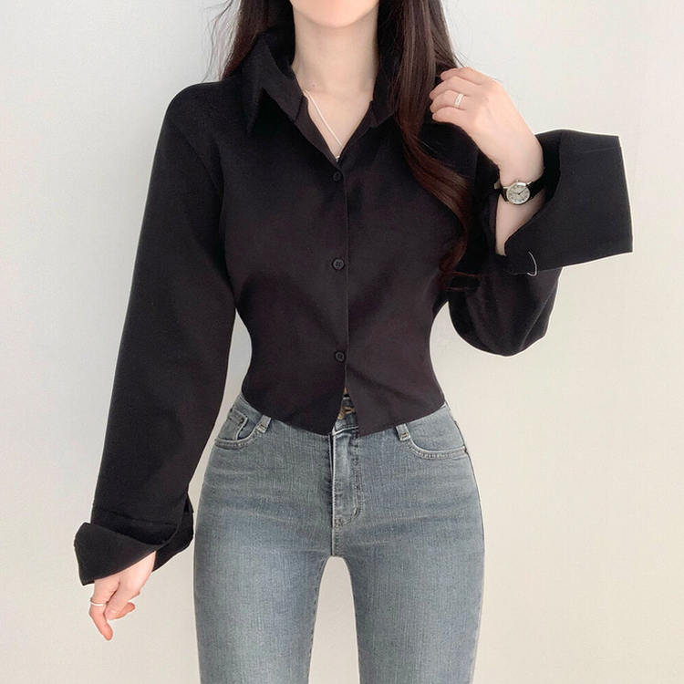 ウエストバンディングクロップシャツ BLACK