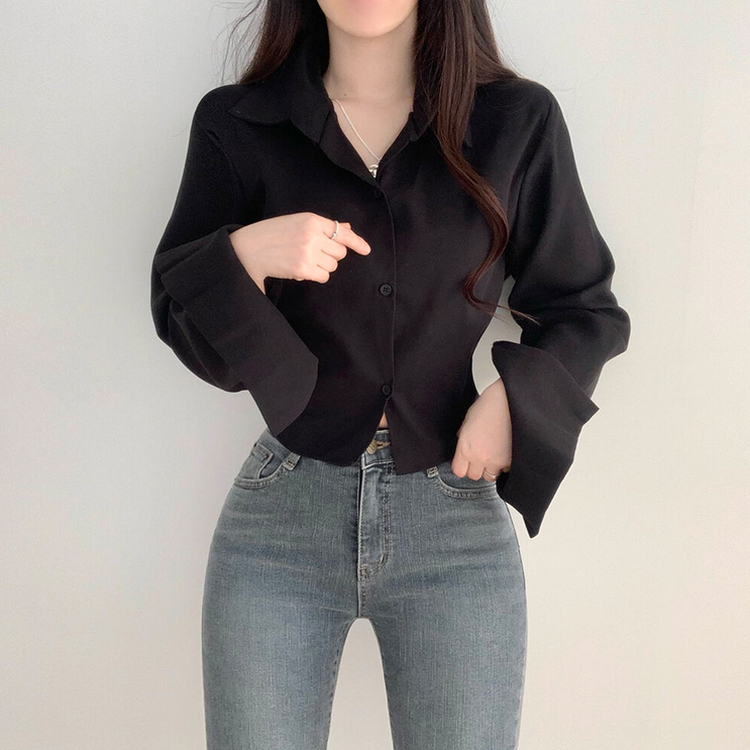 ウエストバンディングクロップシャツ BLACK