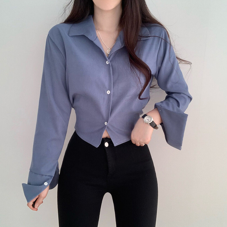 ウエストバンディングクロップシャツ BLUE