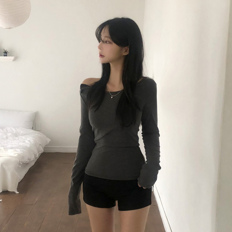 スナップボタンワンオフショルダー長袖Tシャツ CHARCOAL