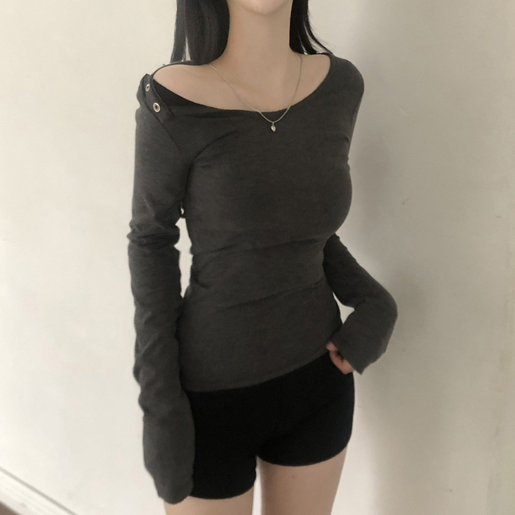 スナップボタンワンオフショルダー長袖Tシャツ CHARCOAL
