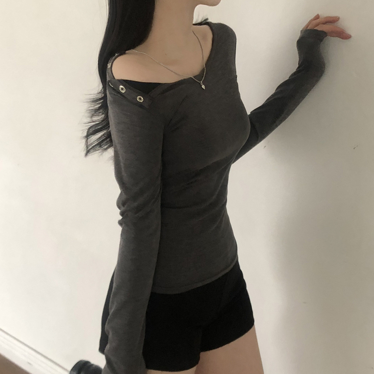スナップボタンワンオフショルダー長袖Tシャツ CHARCOAL