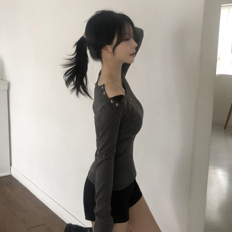 スナップボタンワンオフショルダー長袖Tシャツ CHARCOAL