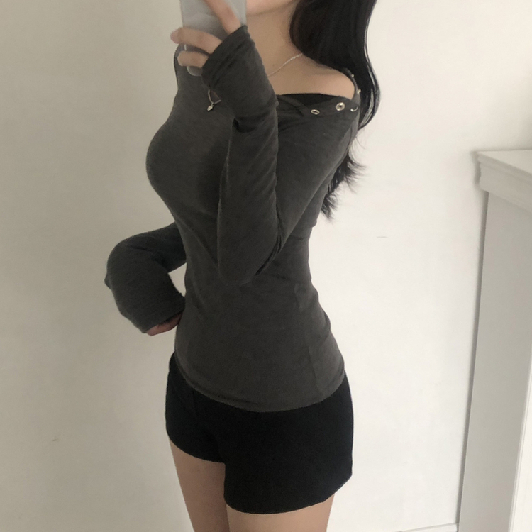 スナップボタンワンオフショルダー長袖Tシャツ CHARCOAL