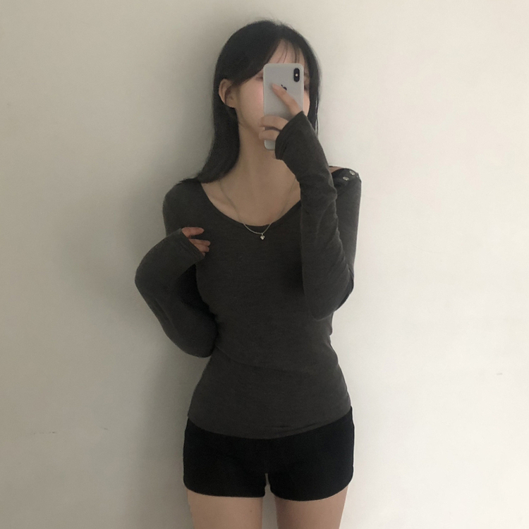 スナップボタンワンオフショルダー長袖Tシャツ CHARCOAL
