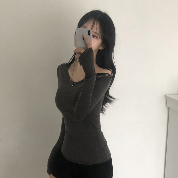 スナップボタンワンオフショルダー長袖Tシャツ CHARCOAL