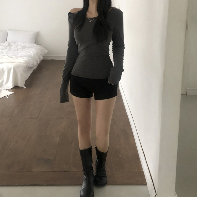 スナップボタンワンオフショルダー長袖Tシャツ CHARCOAL
