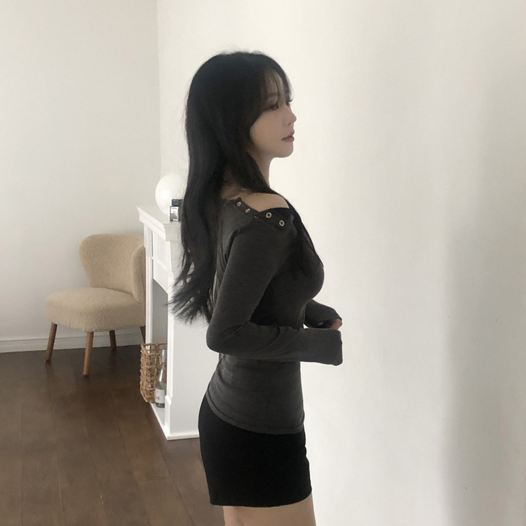 スナップボタンワンオフショルダー長袖Tシャツ CHARCOAL