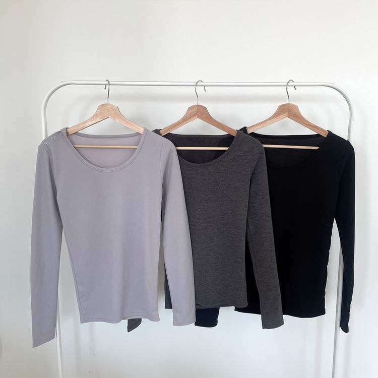 スナップボタンワンオフショルダー長袖Tシャツ