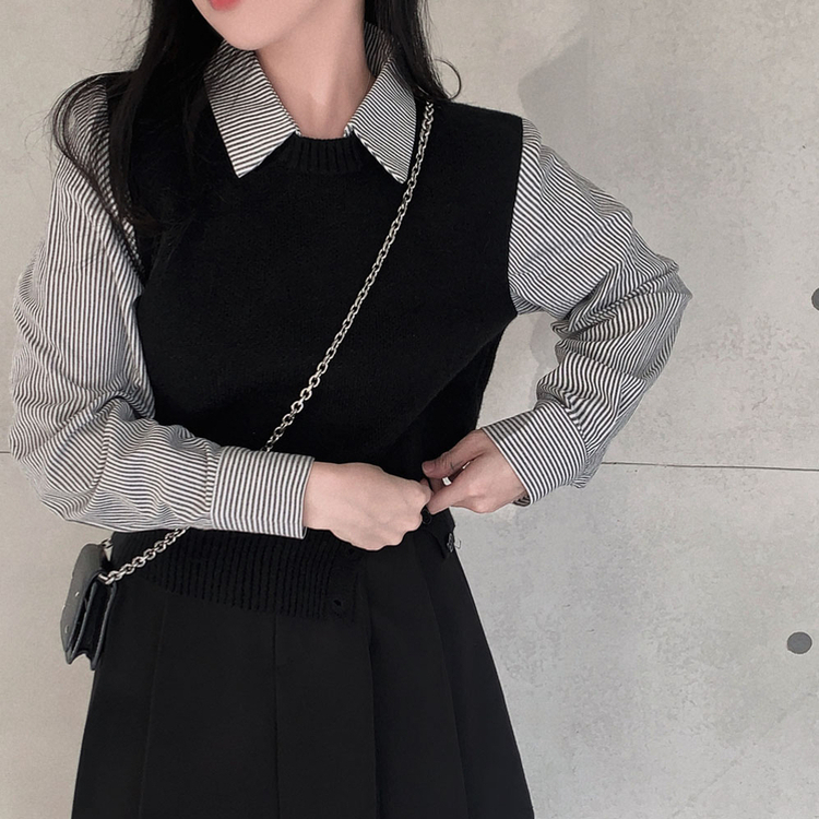 レイヤードストライプシャツニットベスト BLACK