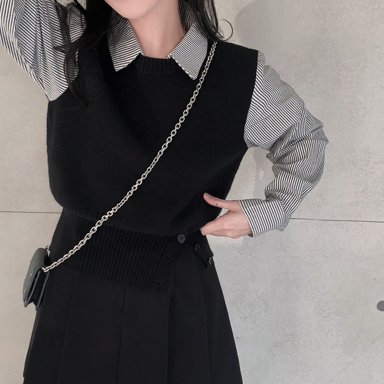 レイヤードストライプシャツニットベスト BLACK
