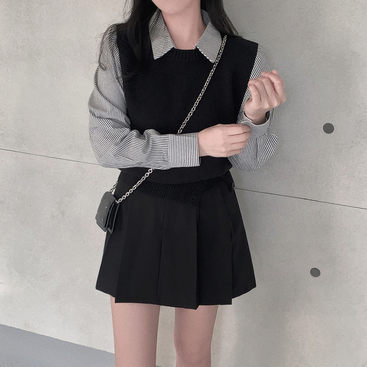 レイヤードストライプシャツニットベスト BLACK