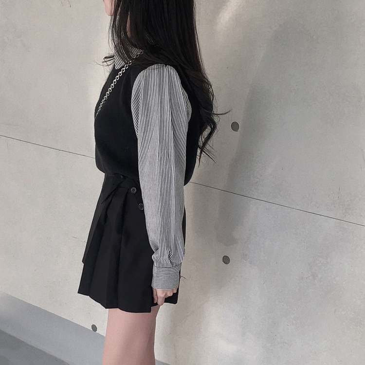 レイヤードストライプシャツニットベスト BLACK