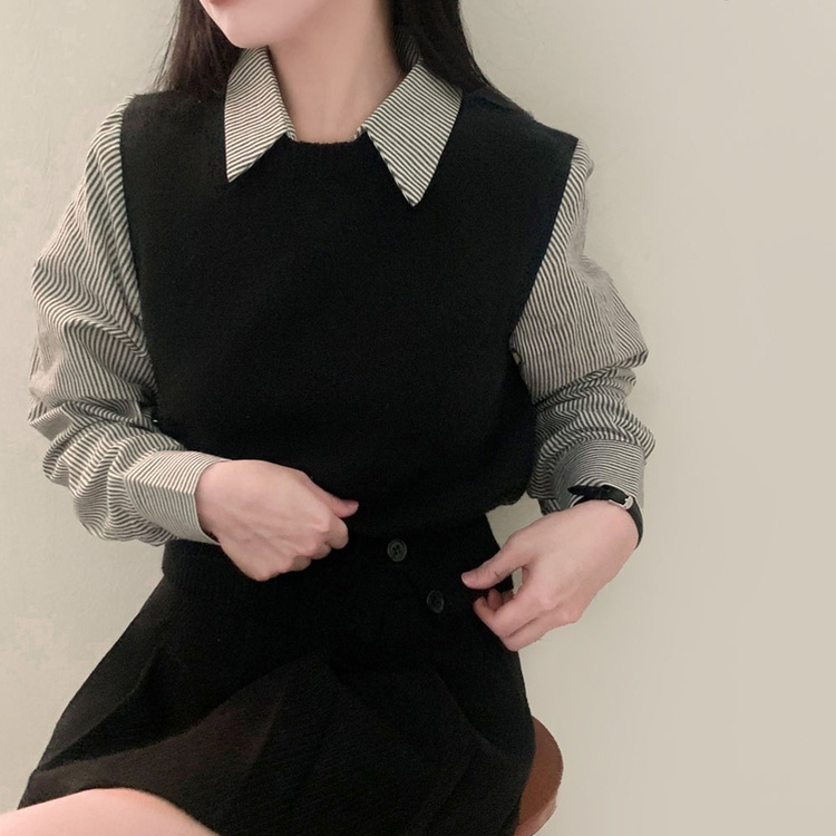 レイヤードストライプシャツニットベスト BLACK