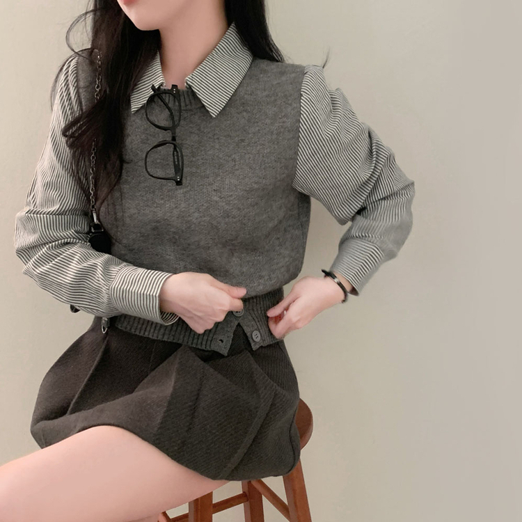レイヤードストライプシャツニットベスト GREY