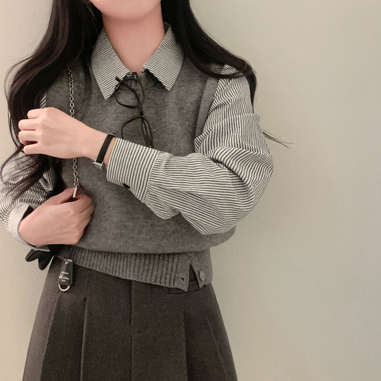 レイヤードストライプシャツニットベスト GREY