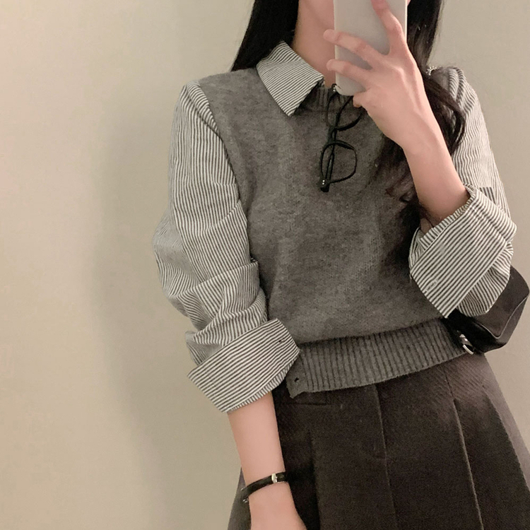 レイヤードストライプシャツニットベスト GREY