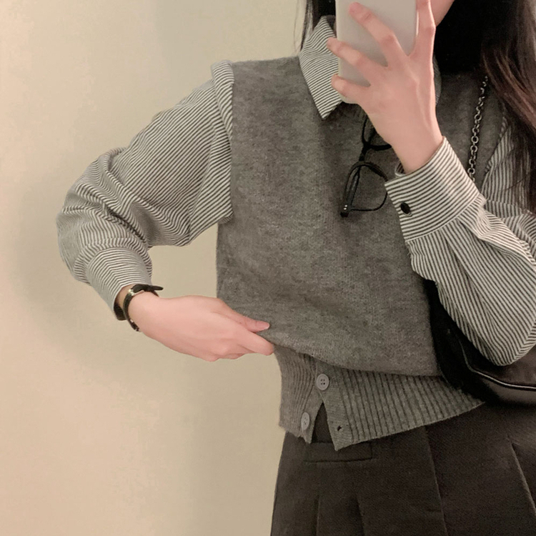 レイヤードストライプシャツニットベスト GREY