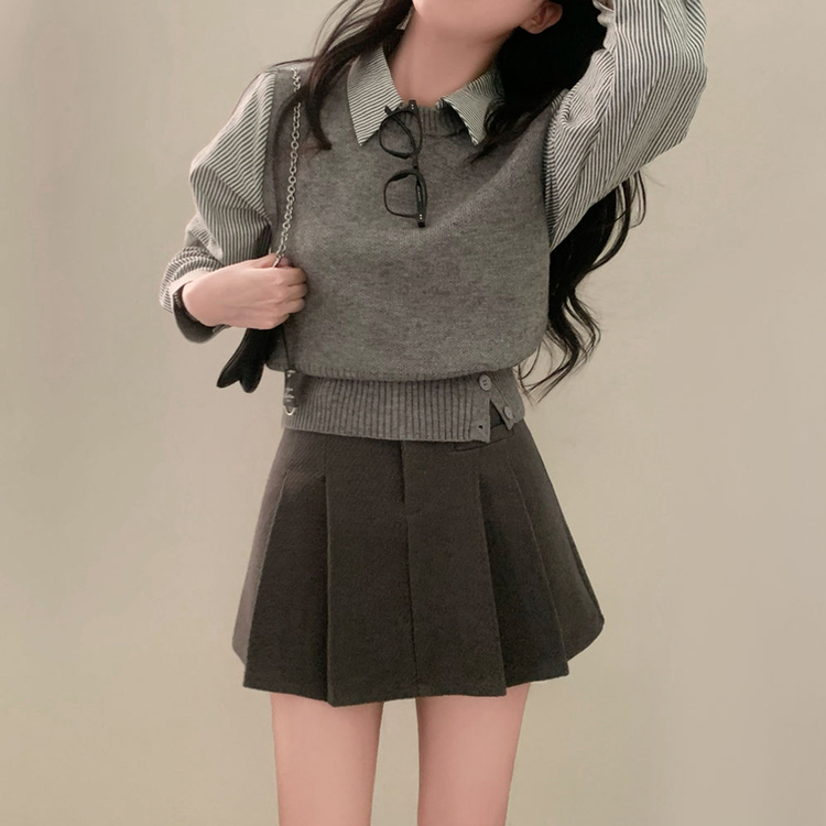 レイヤードストライプシャツニットベスト GREY