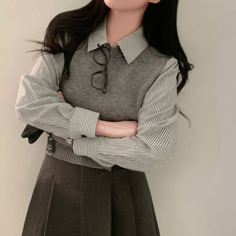 レイヤードストライプシャツニットベスト GREY