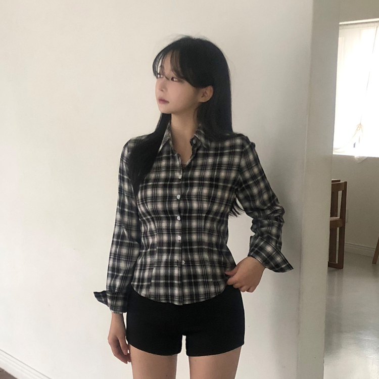 スリムフィットチェックシャツ BLACK