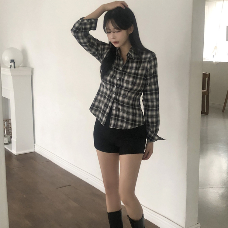スリムフィットチェックシャツ BLACK