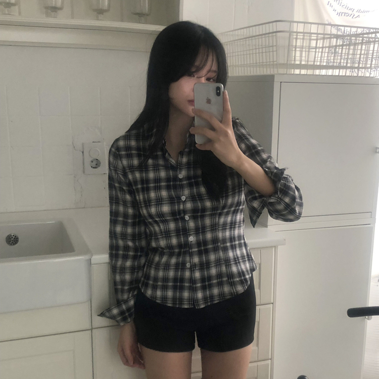 スリムフィットチェックシャツ BLACK