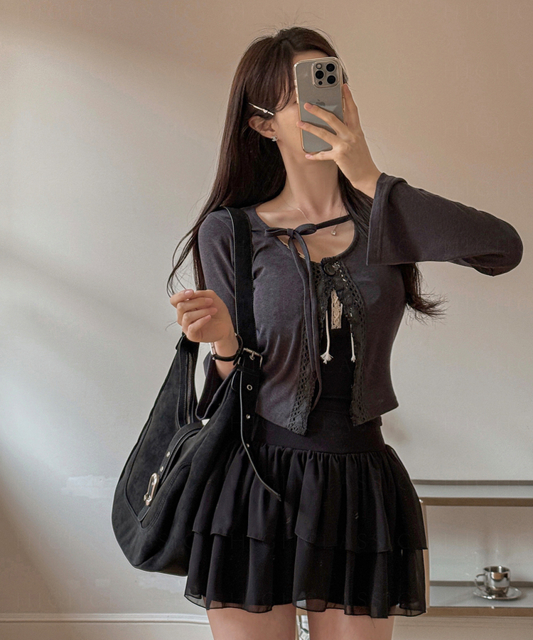 レースワンボタンセミクロップカーディガン CHARCOAL