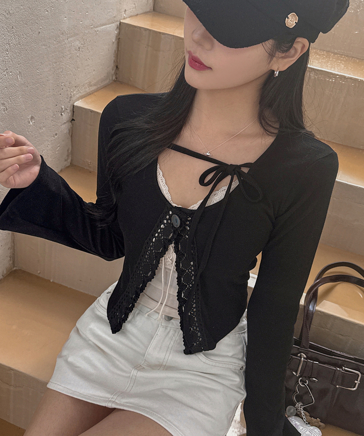 レースワンボタンセミクロップカーディガン BLACK