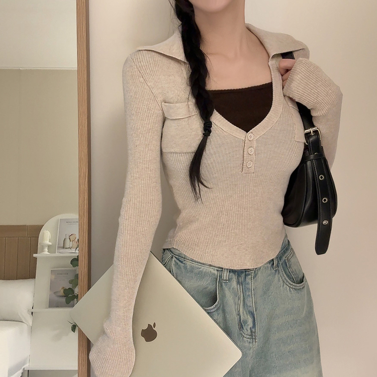ボタンスリムレイヤードニット(5color) BEIGE