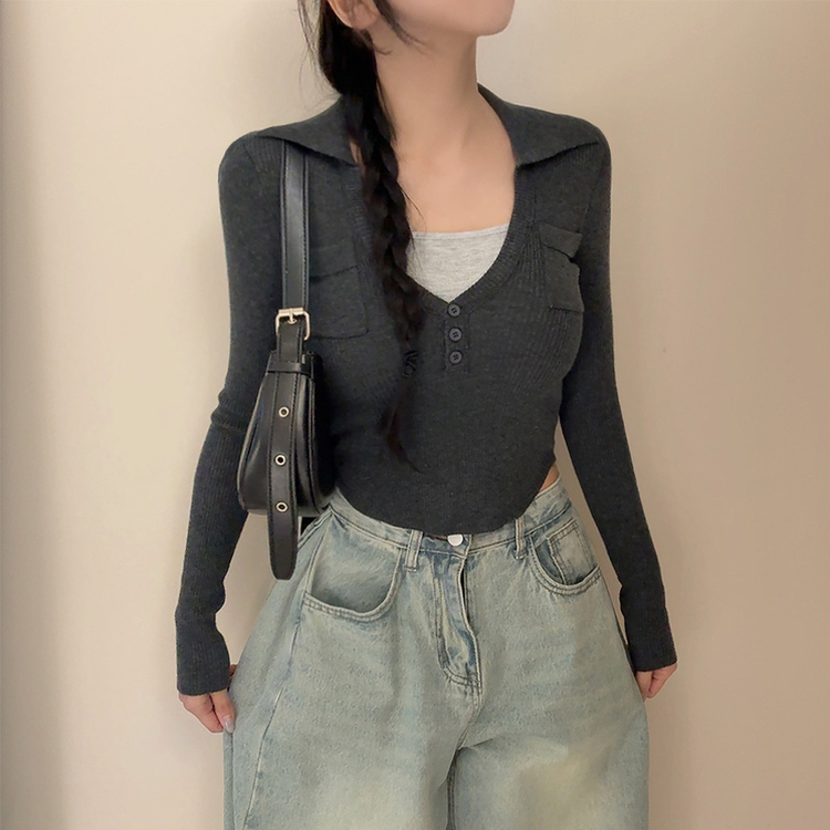 ボタンスリムレイヤードニット(5color) CHARCOAL