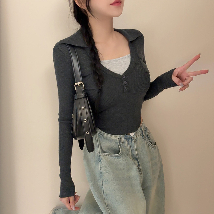 ボタンスリムレイヤードニット(5color) CHARCOAL